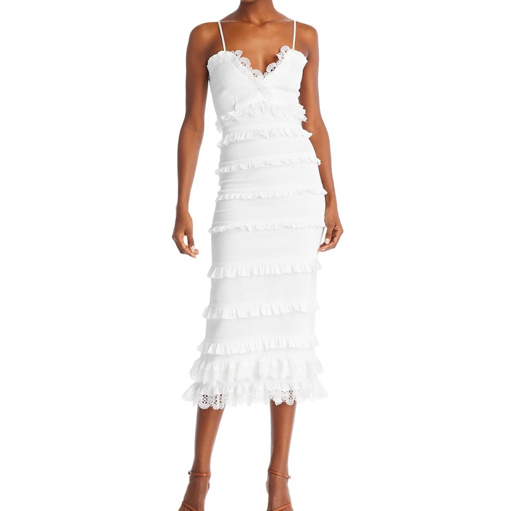 V. CHAPMAN Narcisse Smocked Ruffle Trim Midi Dress